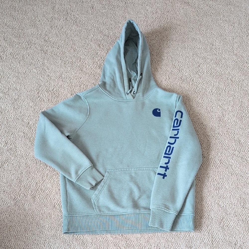 Women's Carhartt Sage Green Hoodie with Blue Sleeve Logo
